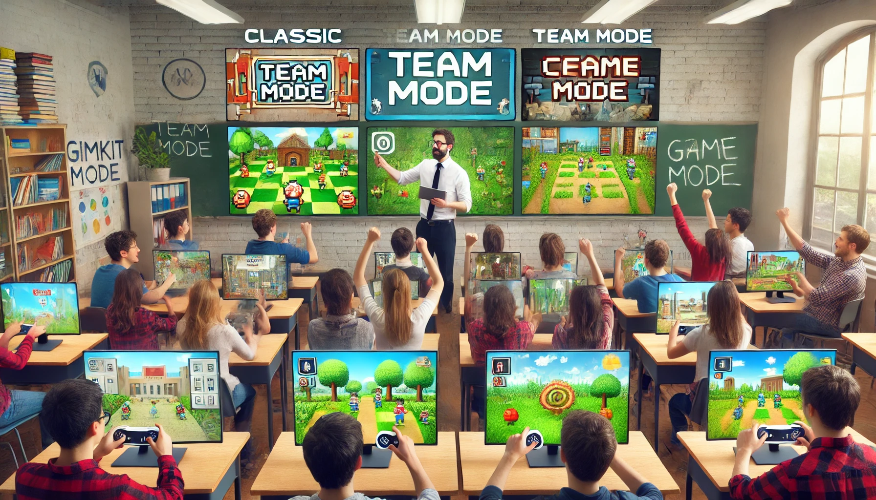 Teacher switching between different Gimkit game modes in a high school classroom, with students excited and engaged in each new challenge.