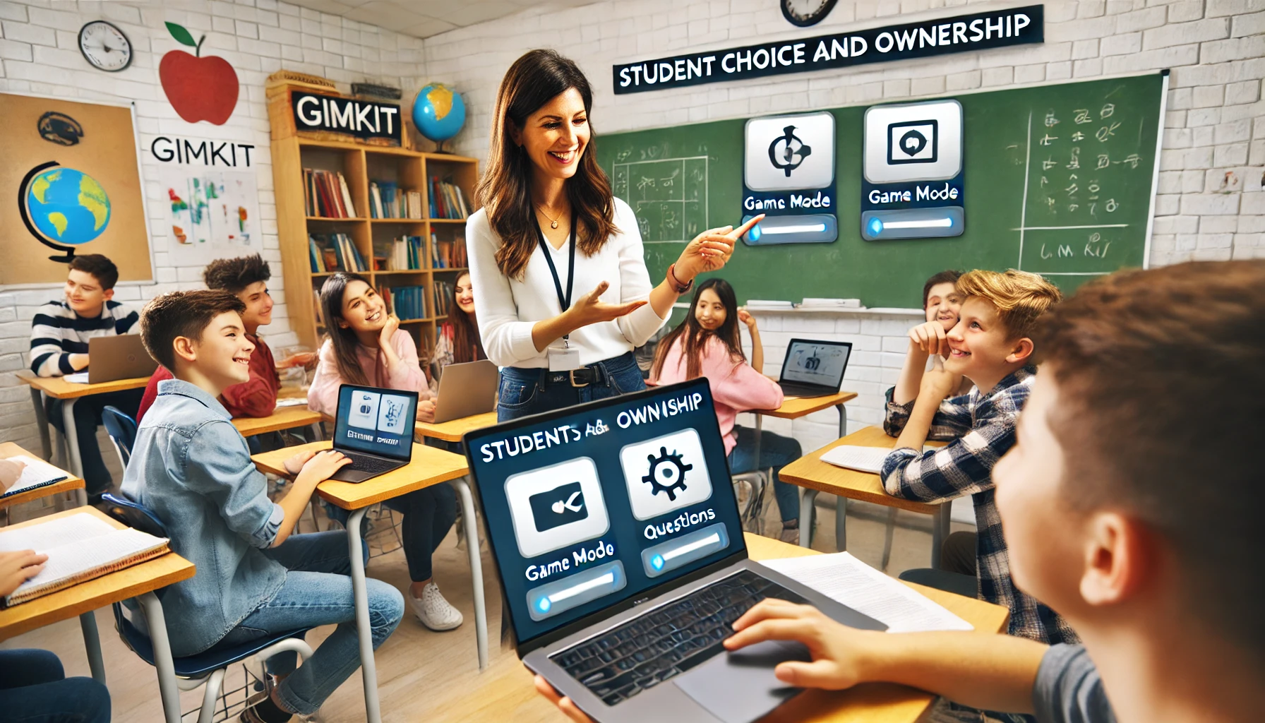 Teacher facilitating student choice in a high school classroom, allowing students to select Gimkit game modes and contribute to creating review questions