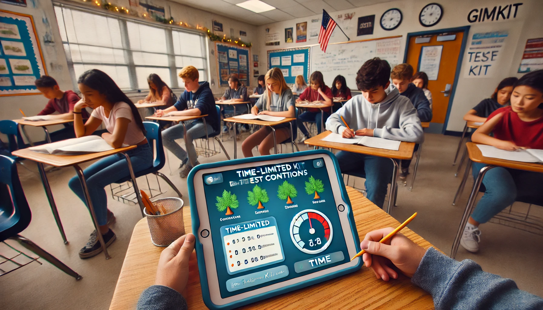Teacher using Gimkit's formative assessment features to track student progress in real-time, adjusting lessons based on student performance.