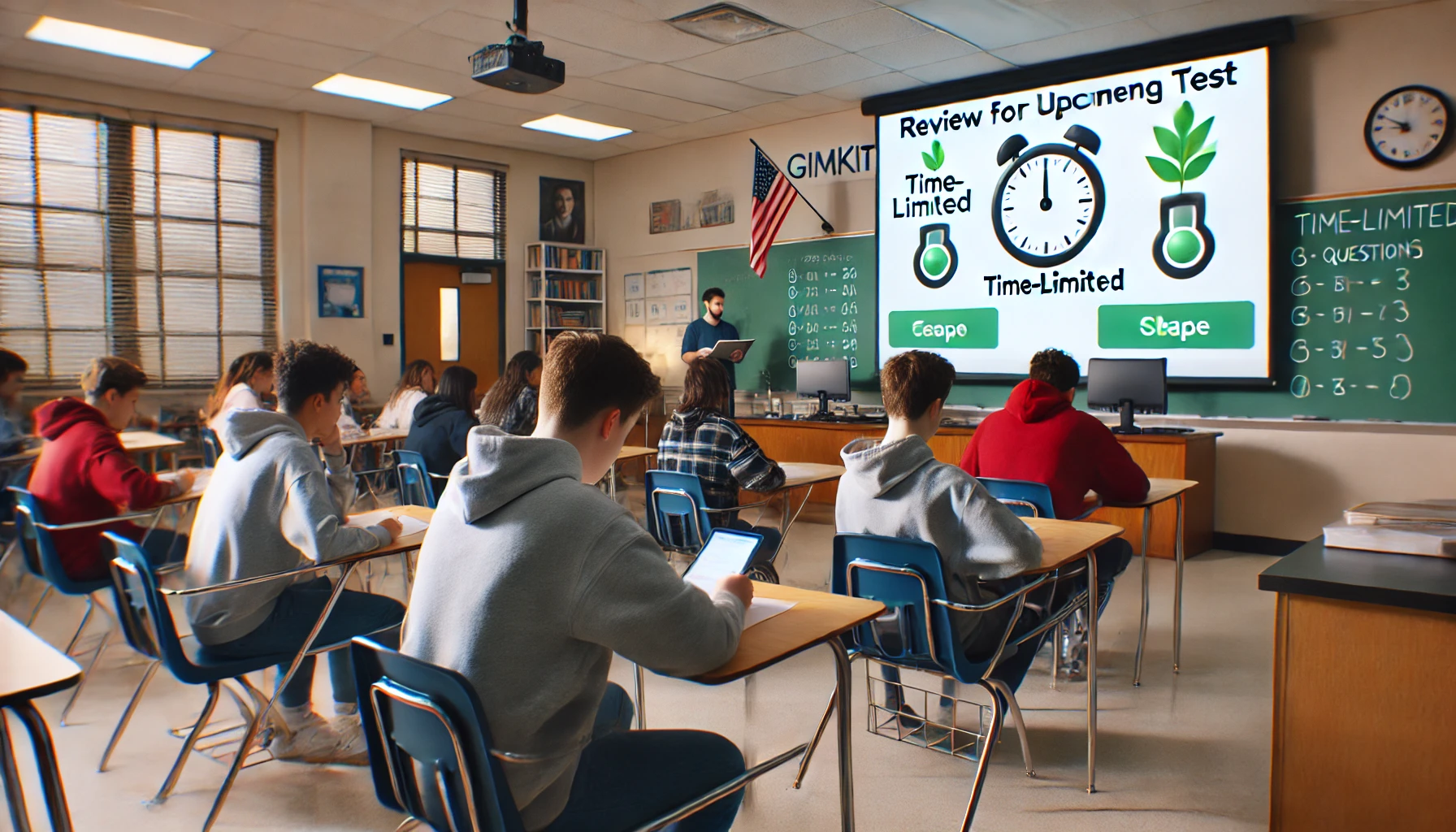 High school students using Gimkit for test review, with a timer simulating real test conditions to help them practice under pressure