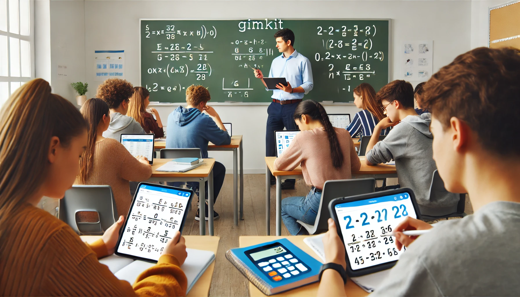 A high school math classroom where students use Gimkit to review important formulas and solve math problems.