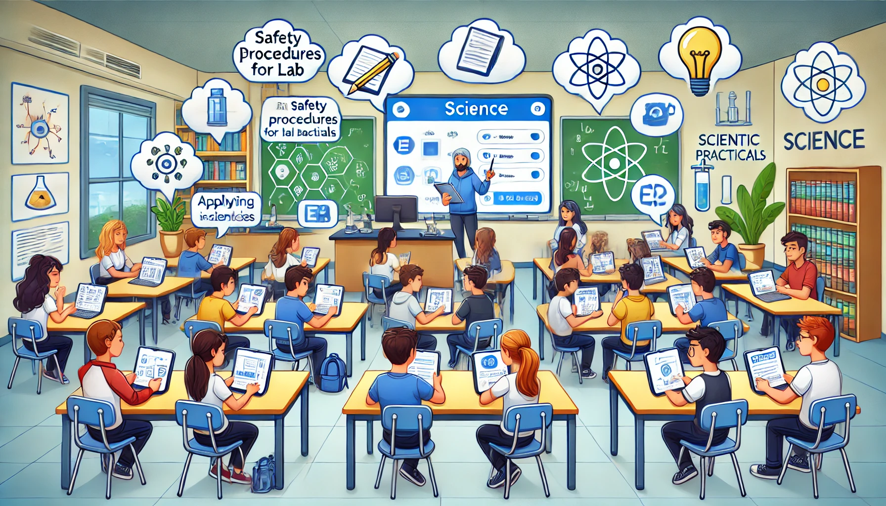 A high school science classroom with students using Gimkit to review vocabulary, scientific processes, and lab safety.