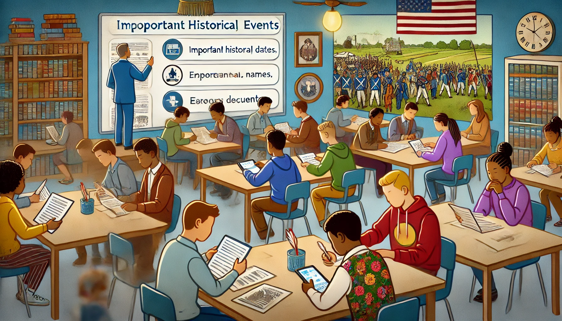 A high school history classroom where students use Gimkit to learn about important historical events and figures.