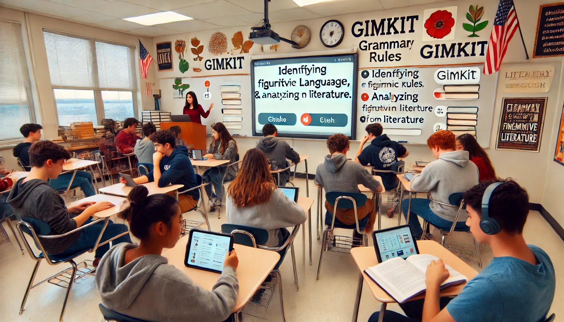 A high school English classroom where students use Gimkit to review literary terms, figurative language, and vocabulary.