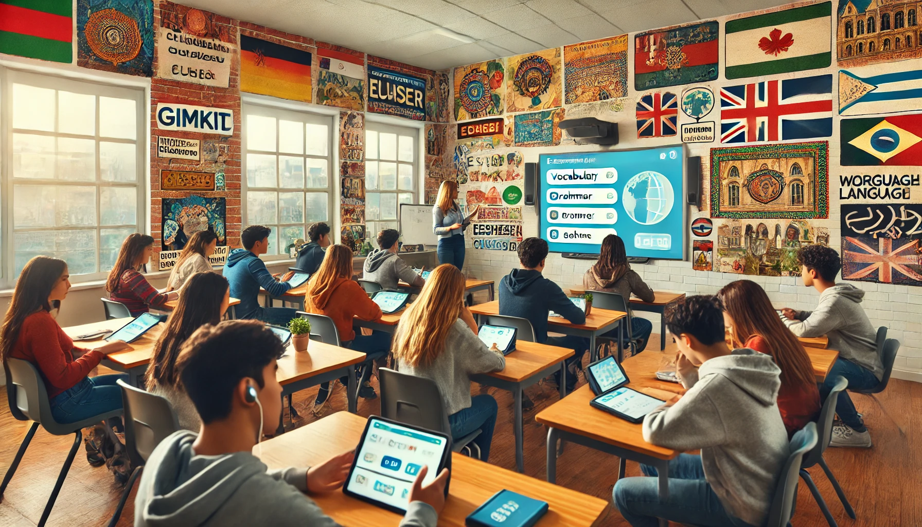 A high school world language classroom where students practice new vocabulary, grammar rules, and cultural knowledge using Gimkit.