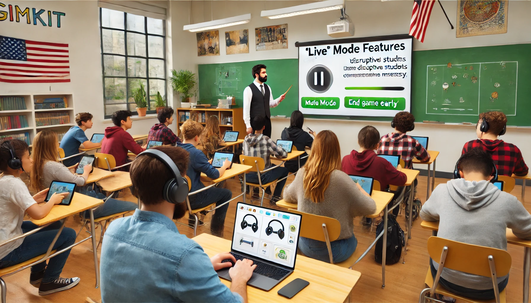 A teacher using Gimkit's "Live" mode to manage the classroom, muting students or ending the game early if necessary.
