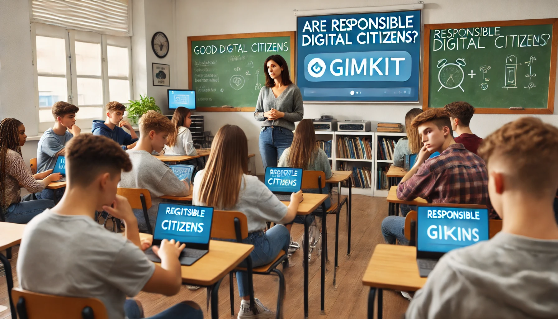 A teacher discussing responsible technology use with students in a high school classroom, promoting digital citizenship.