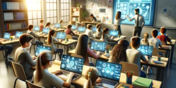 A middle school classroom with students actively participating in a Gimkit game using laptops and tablets. The classroom is vibrant and interactive, with a teacher guiding the students in gamified learning