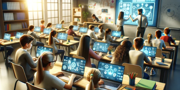 A middle school classroom with students actively participating in a Gimkit game using laptops and tablets. The classroom is vibrant and interactive, with a teacher guiding the students in gamified learning