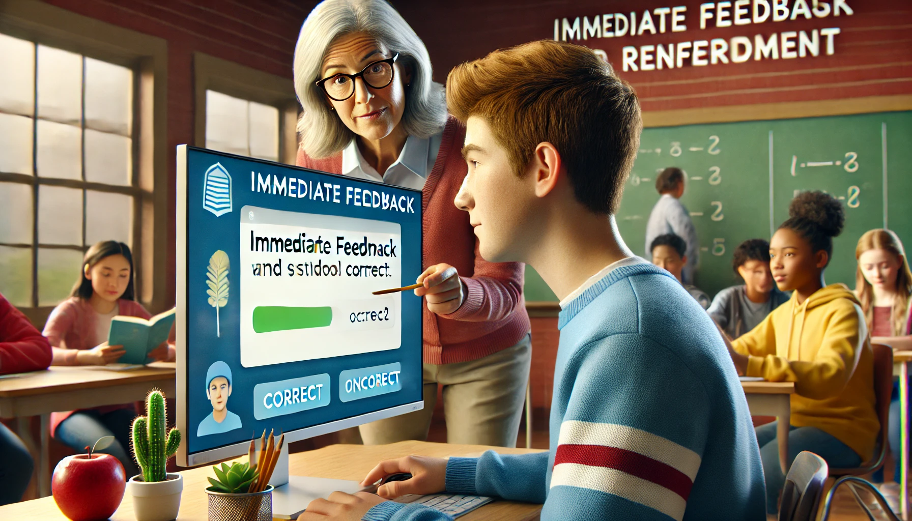 A middle school student receiving immediate feedback on a Gimkit game, with a pop-up indicating correct or incorrect answers. The teacher offers encouragement, and other students play in the background