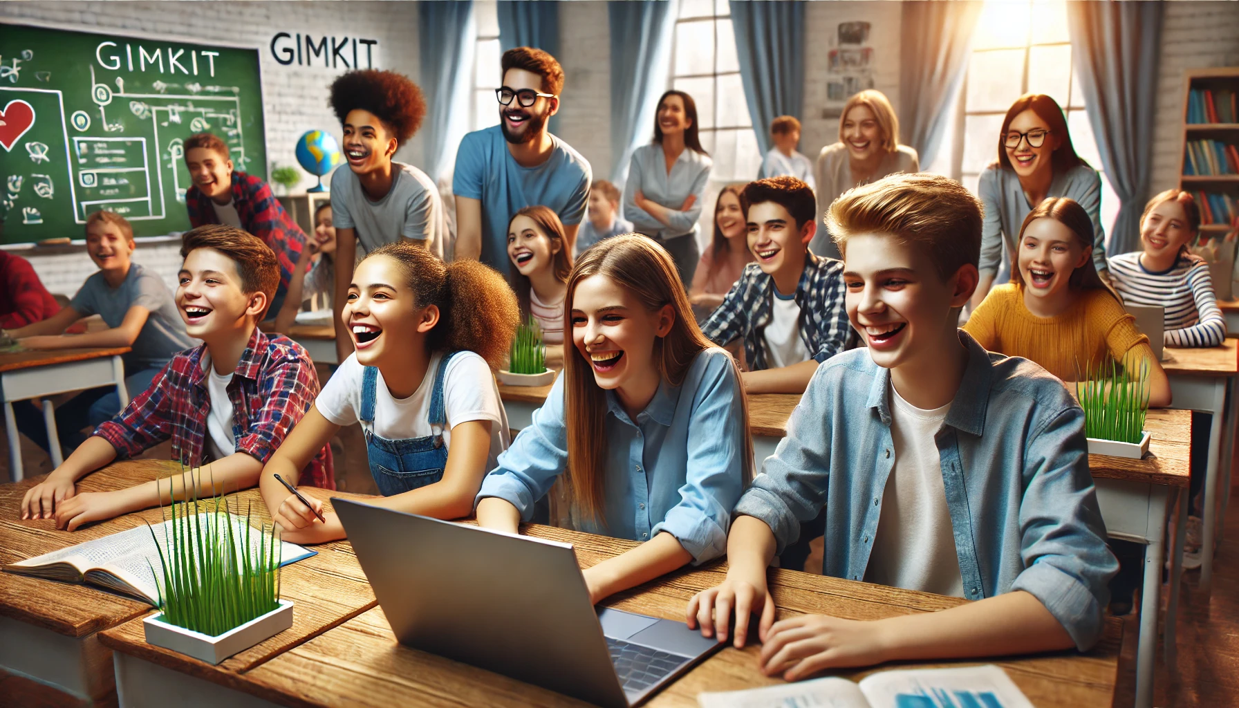 Middle school students enjoying a fun and engaging Gimkit game in a lively classroom. The teacher observes as students participate enthusiastically in the gamified learning experience