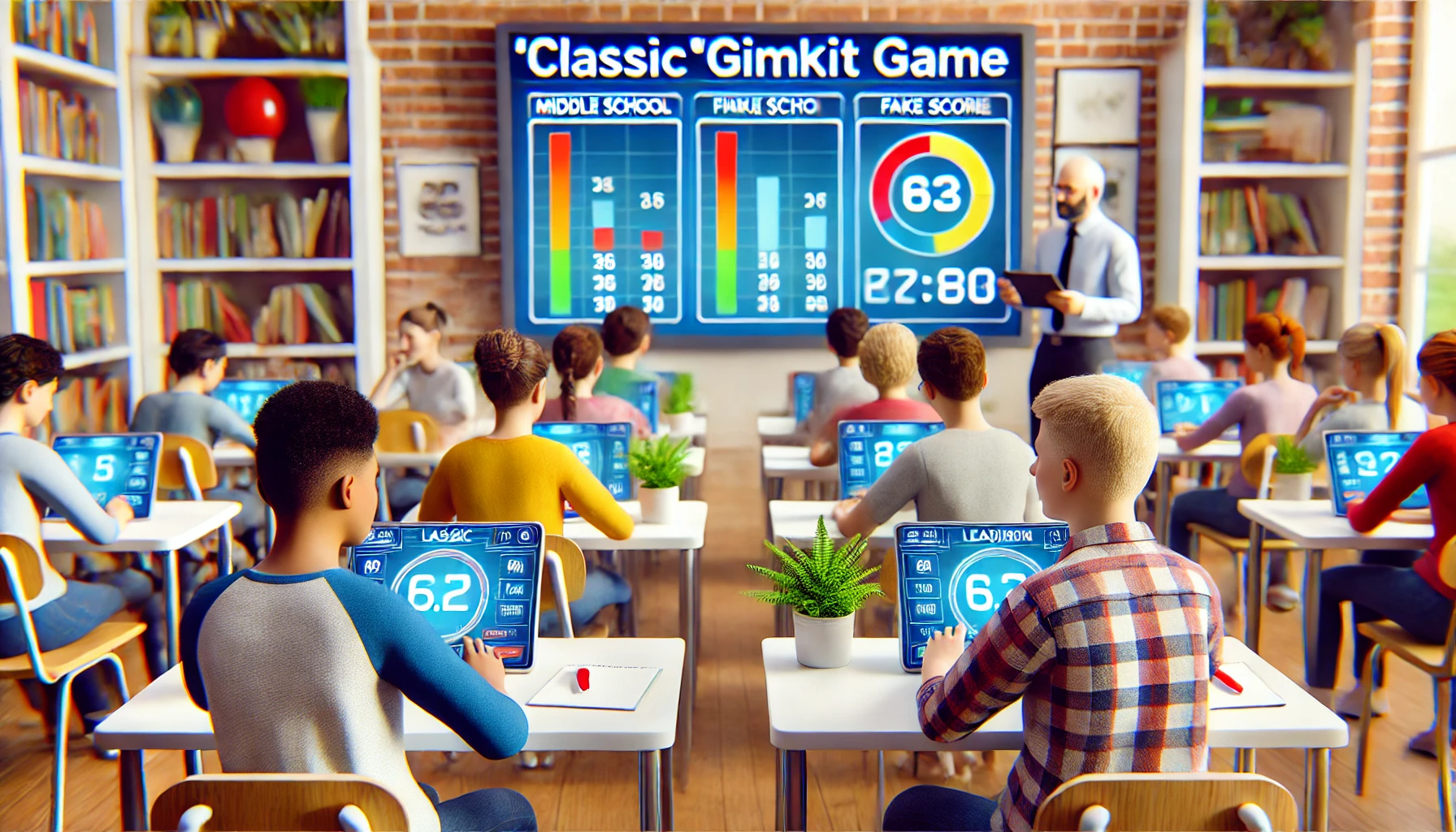 Middle school students playing the 'Classic' Gimkit game in a classroom, answering questions and earning fake money, with a leaderboard displayed showing the highest scores