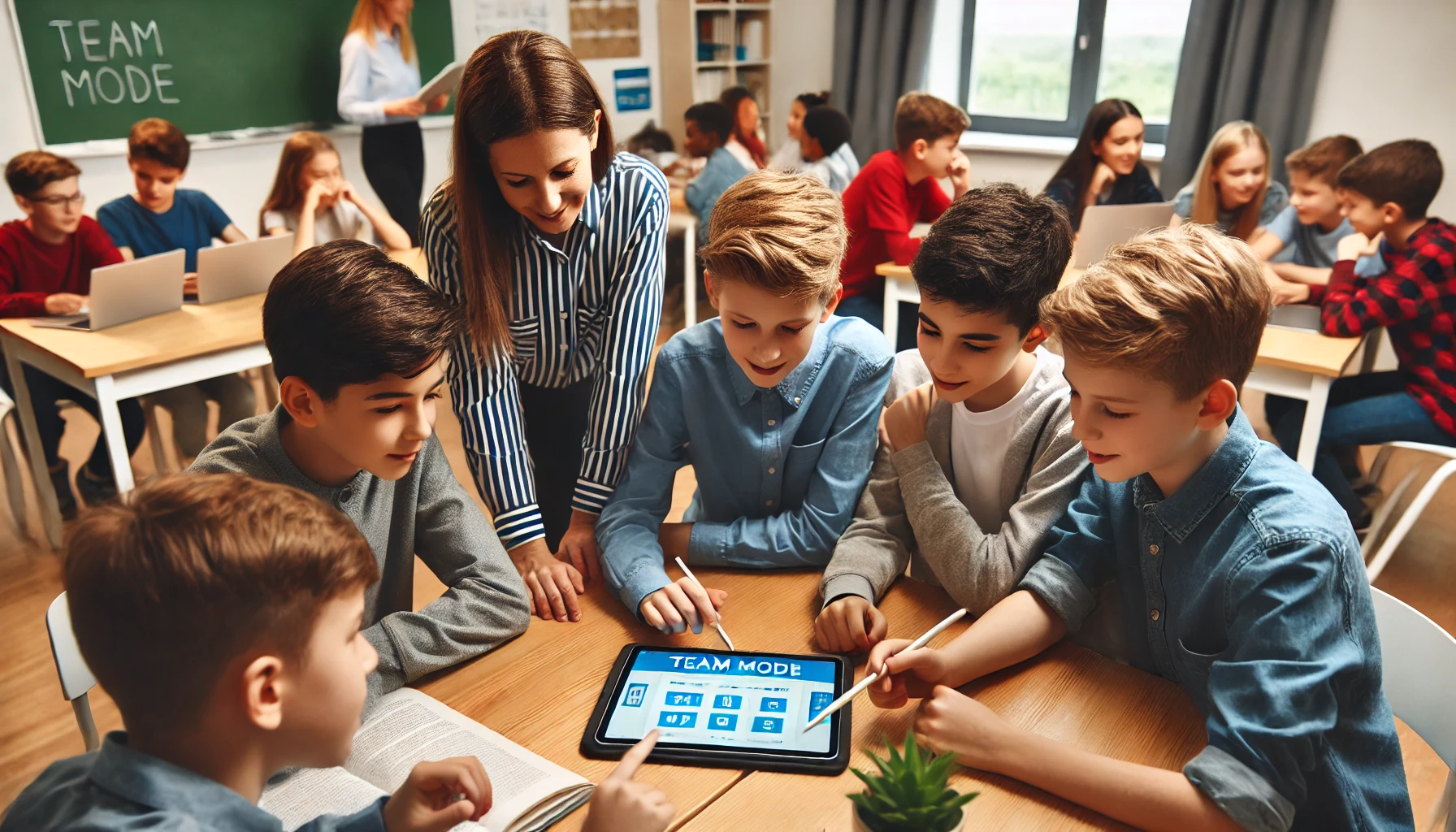 Middle school students gathered around a tablet or laptop in Team Mode of a Gimkit game, discussing answers and collaborating as a team, with the teacher observing and encouraging teamwork