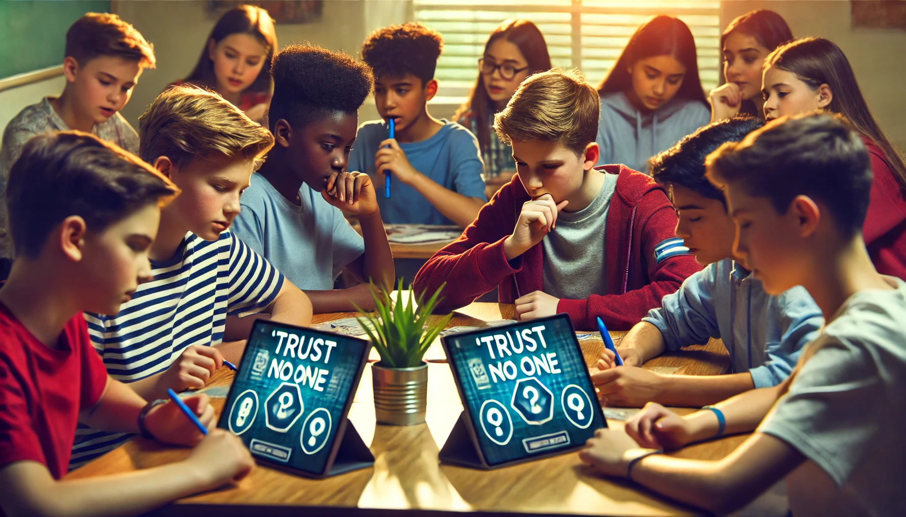 Middle school students playing the 'Trust No One' Gimkit game, focused on their screens and discussing strategies to figure out the secret saboteurs while answering questions.