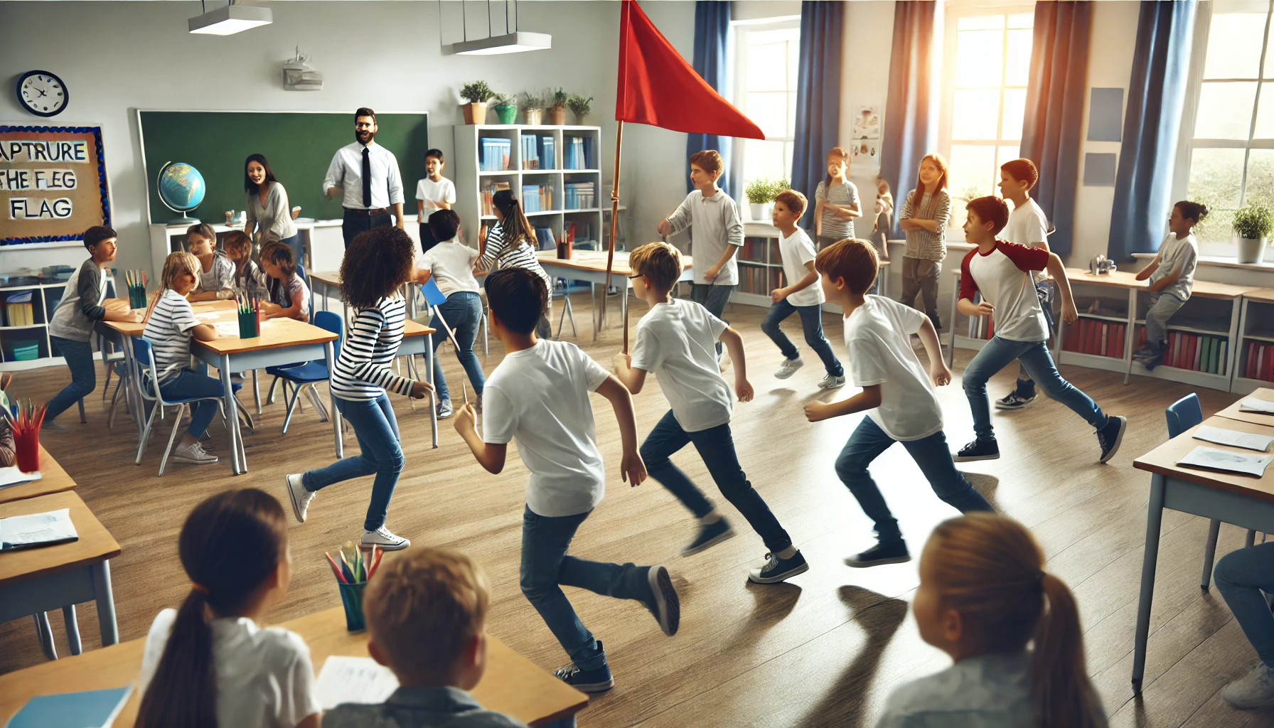 Middle school students playing 'Capture the Flag' in a classroom, answering questions and actively competing to grab the other team's flag and protect their own