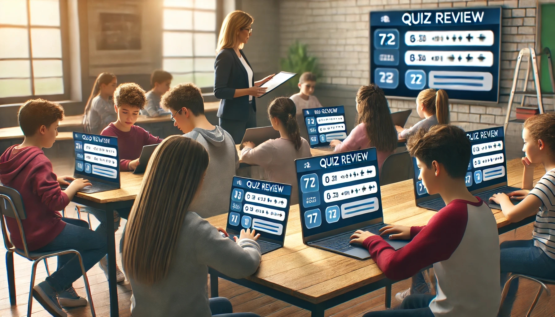 Middle school students using Gimkit on laptops or tablets to review for an upcoming test or quiz, with the teacher guiding them and a visible progress dashboard showing scores