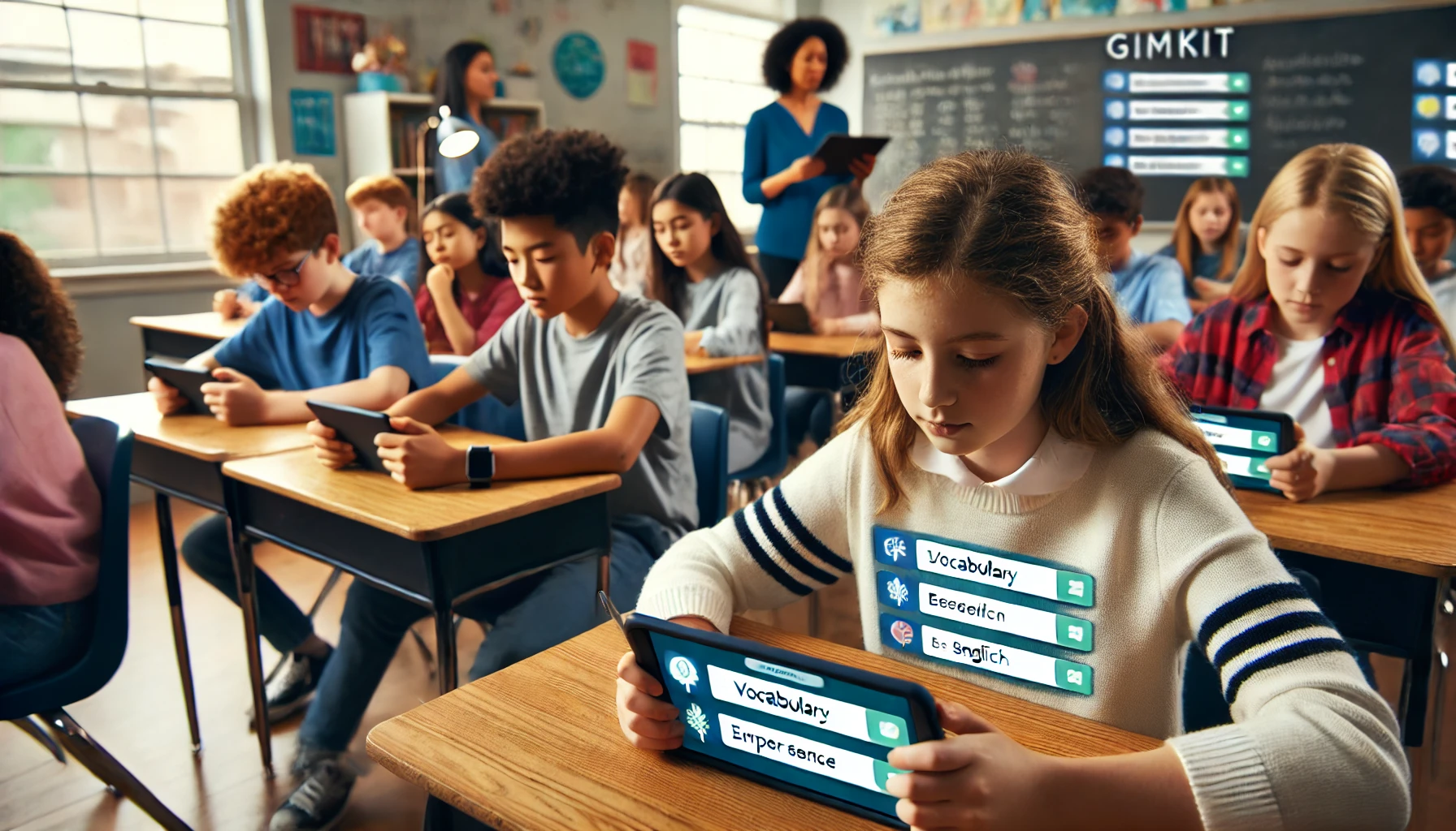 Middle school students answering questions on Gimkit related to vocabulary and key concepts in subjects like science and English, with the teacher providing guidance