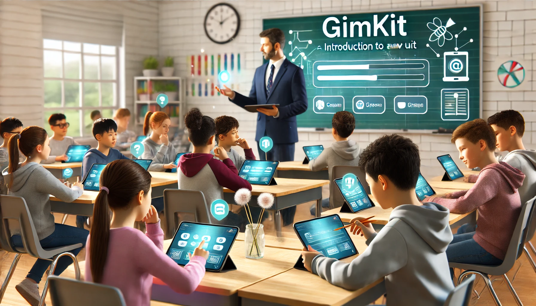 Middle school students using Gimkit on tablets and laptops to answer introductory questions about a new learning unit, with the teacher guiding them and encouraging engagement