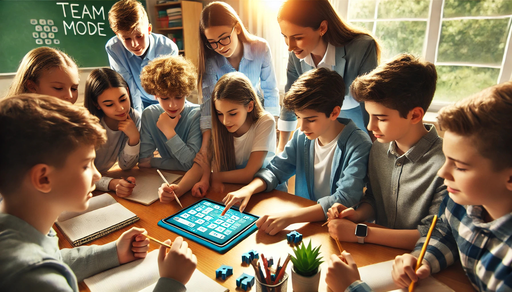 Middle school students working together in 'Team Mode' of a Gimkit game, collaborating to solve problems and answer questions, with the teacher supporting their teamwork