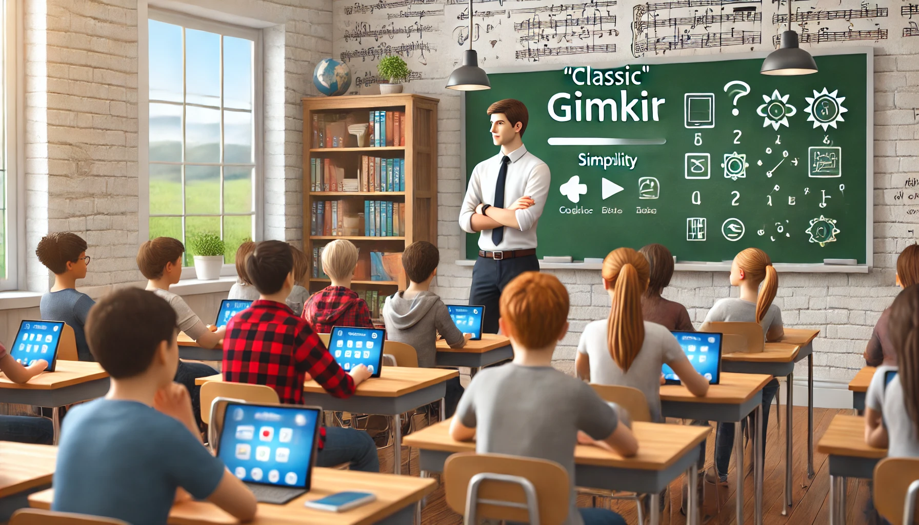 A teacher introducing the 'Classic' Gimkit game to middle school students, explaining how the game works as they sit at their desks with tablets or laptops