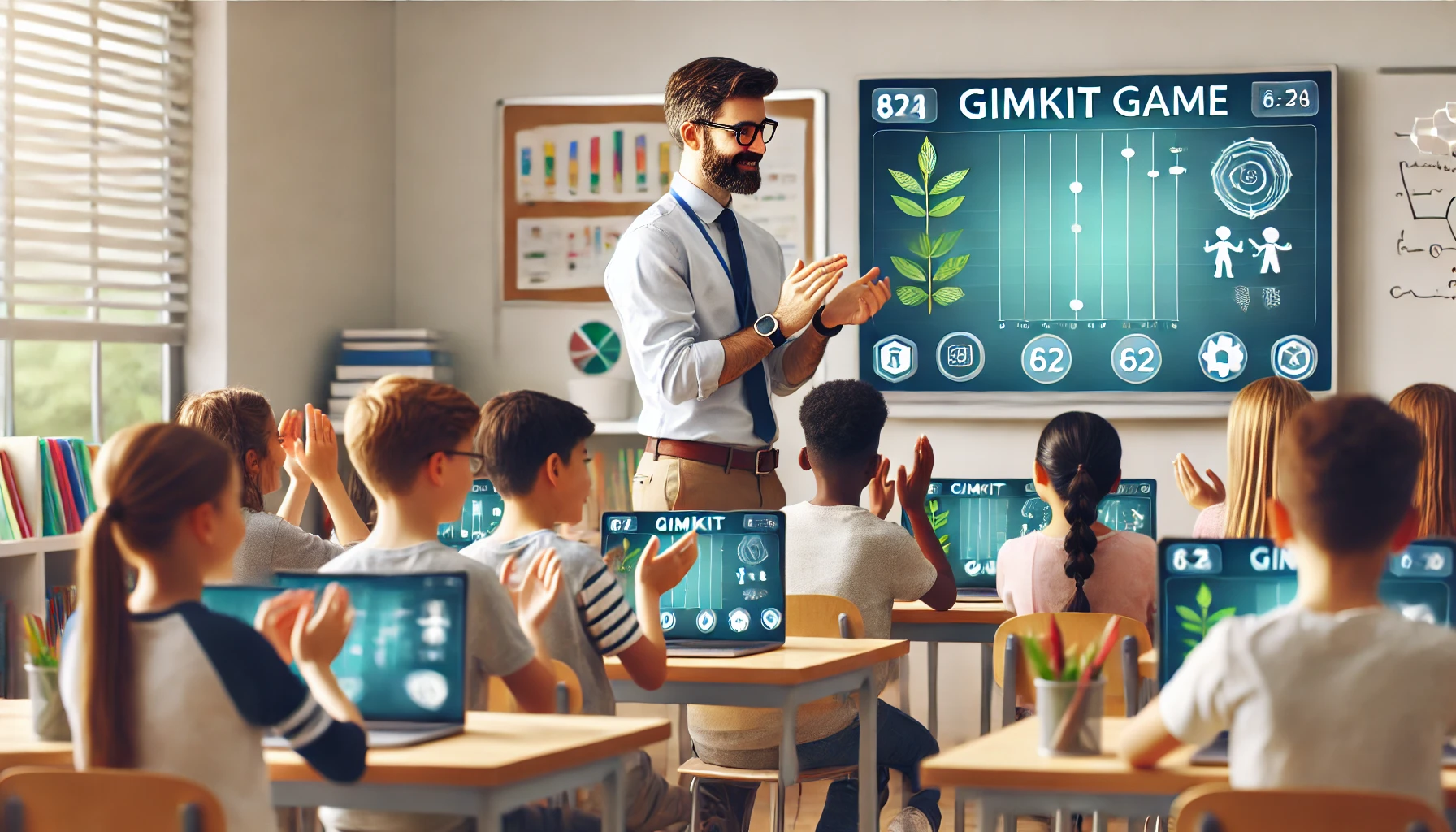 A teacher clapping and cheering as students celebrate their successes during a Gimkit game, fostering a supportive and motivating atmosphere in the classroom.