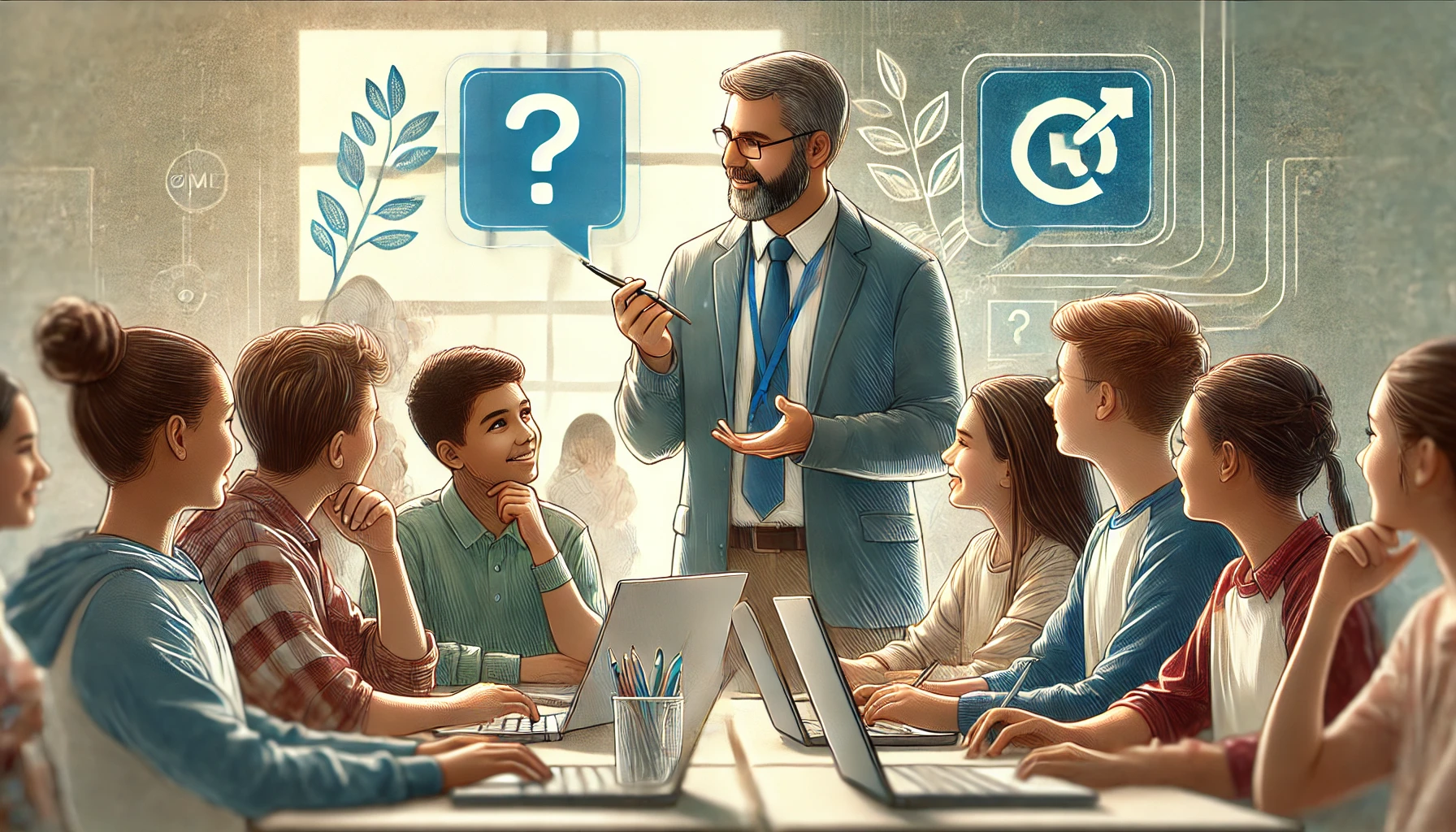 A teacher discussing with middle school students, allowing them to contribute ideas and choose questions or game modes for their Gimkit activity