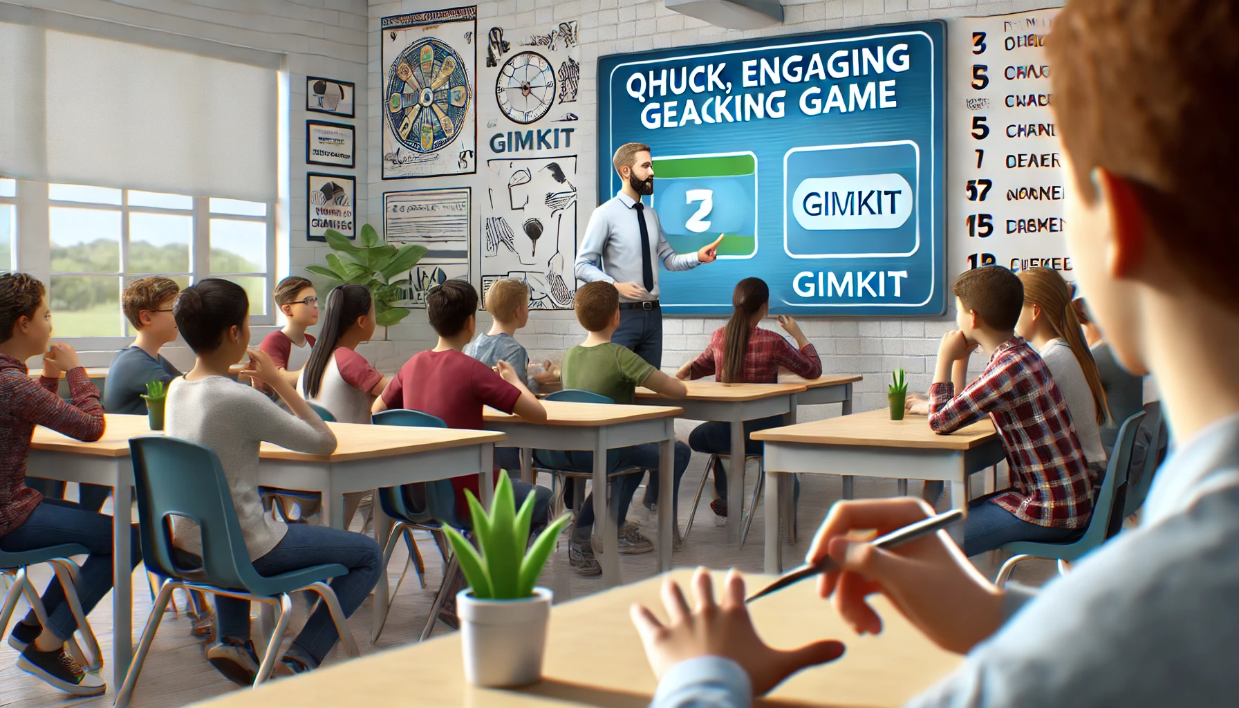 Middle school students playing a fast-paced Gimkit game in the classroom, with the teacher monitoring to keep the game short and engaging