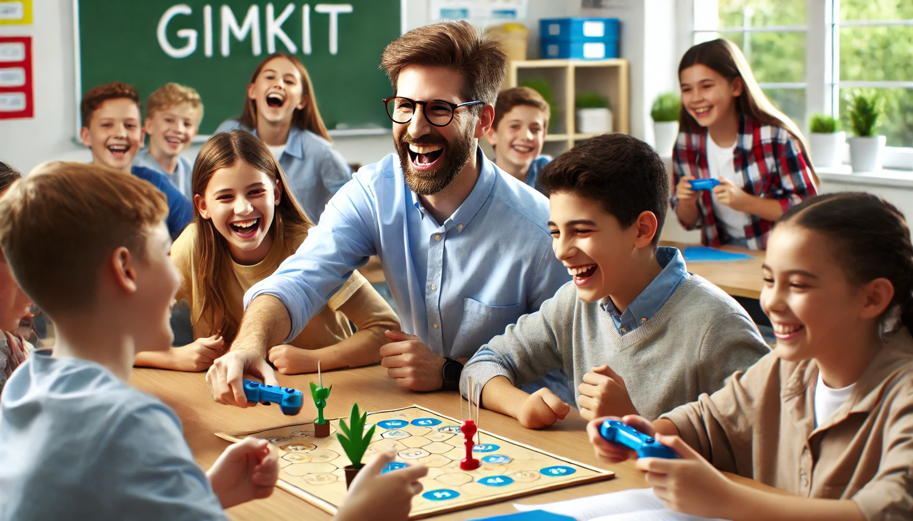 A teacher and middle school students enjoying a fun and engaging Gimkit game in the classroom, creating a relaxed and enjoyable atmosphere for learning