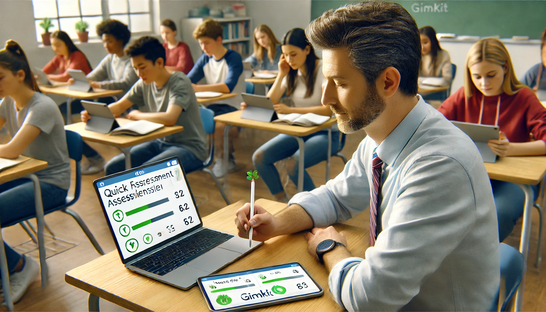 A teacher reviewing student responses from a Gimkit game on a laptop while students are actively participating in the game on their devices in the classroom