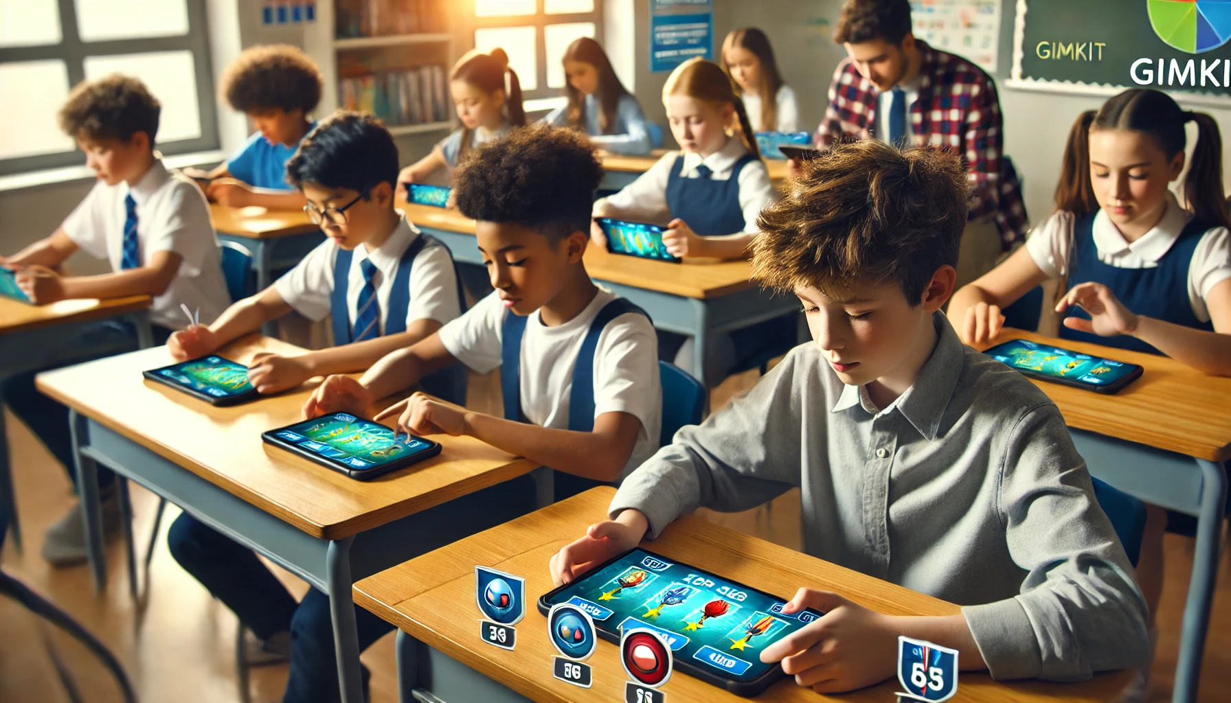 Middle school students playing a competitive Gimkit game in the classroom, focused on their devices with the leaderboard visible, fostering a fun and competitive learning atmosphere