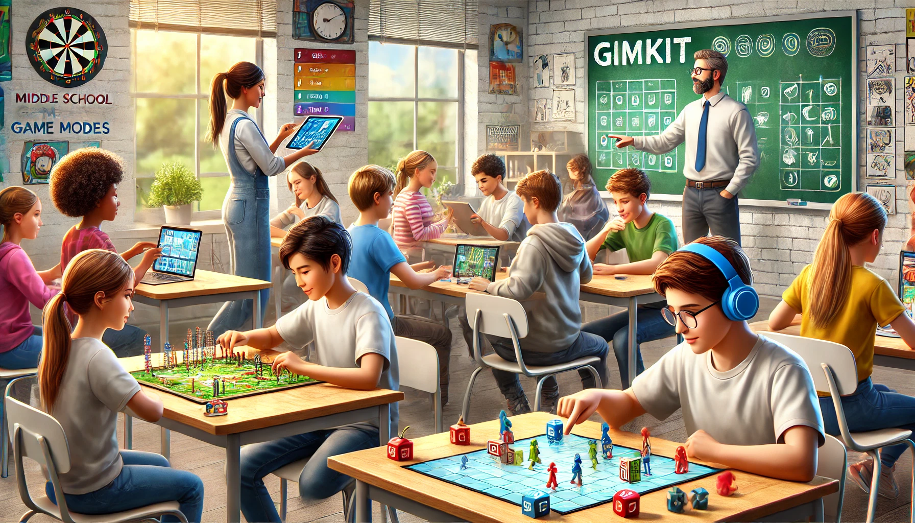 Middle school students playing different Gimkit game modes in a classroom, with some engaged in fast-paced games and others in slower, more strategic ones. The teacher is guiding them through the different game choices