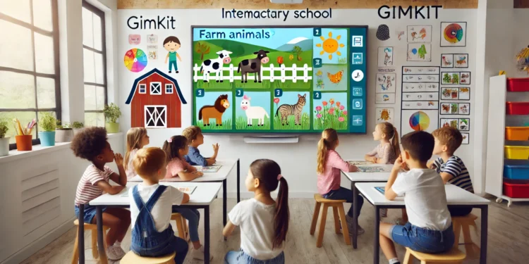Elementary students enjoying a classroom game with interactive technology, learning through Gimkit on an interactive whiteboard.