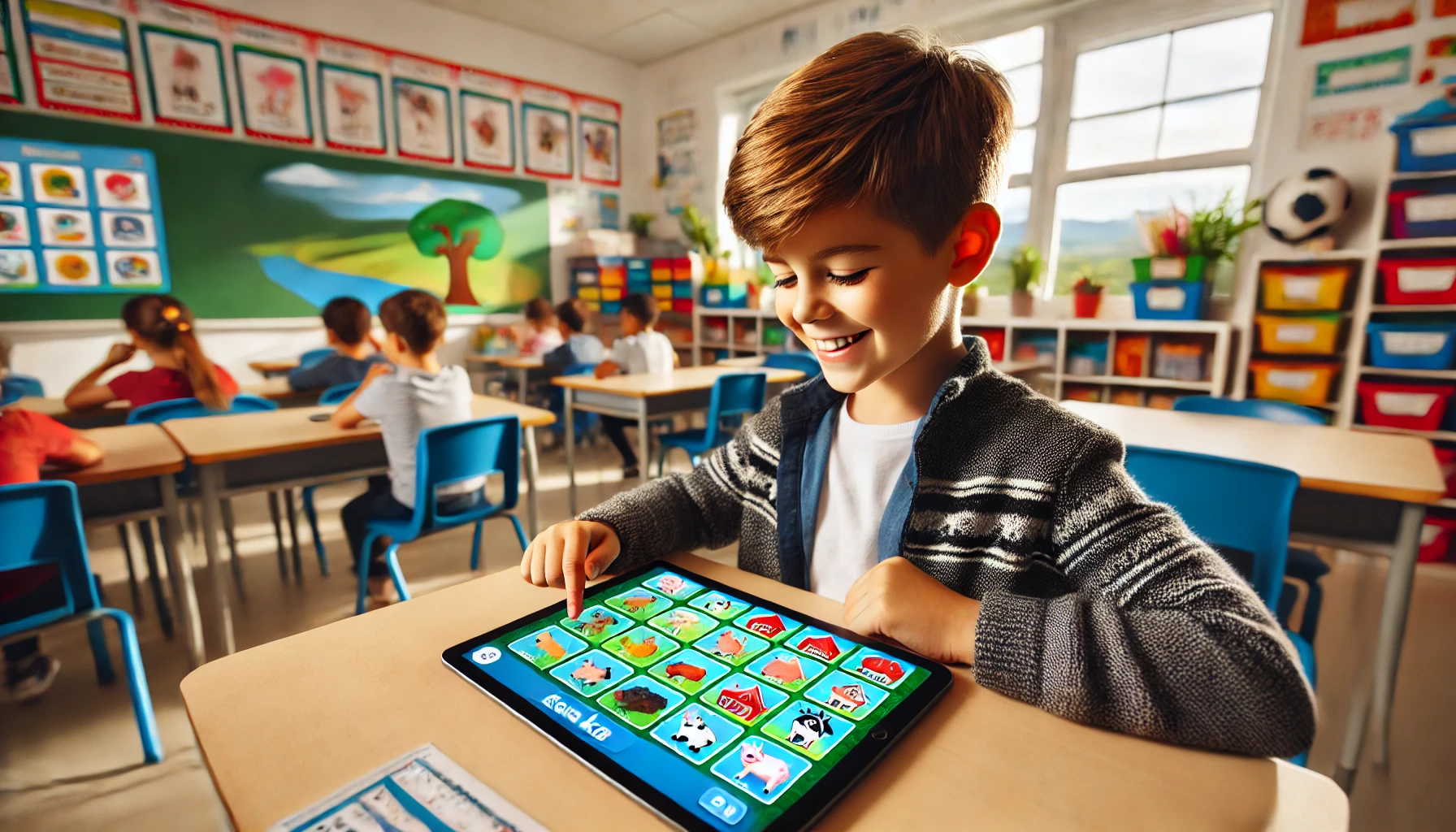 Elementary student participating in a Gimkit game, answering visual questions about farm animals, enhancing learning through images.