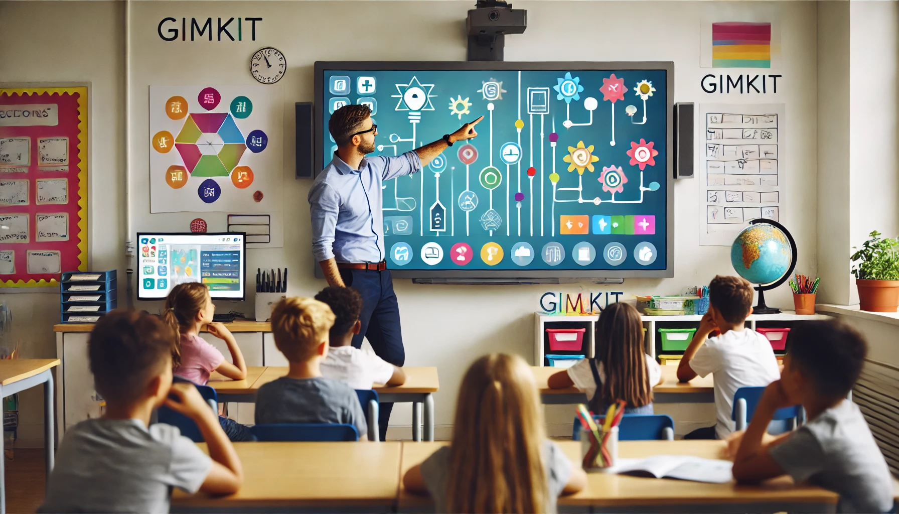 Teacher leading a fun and interactive Gimkit game on the whiteboard with elementary students actively participating in class.