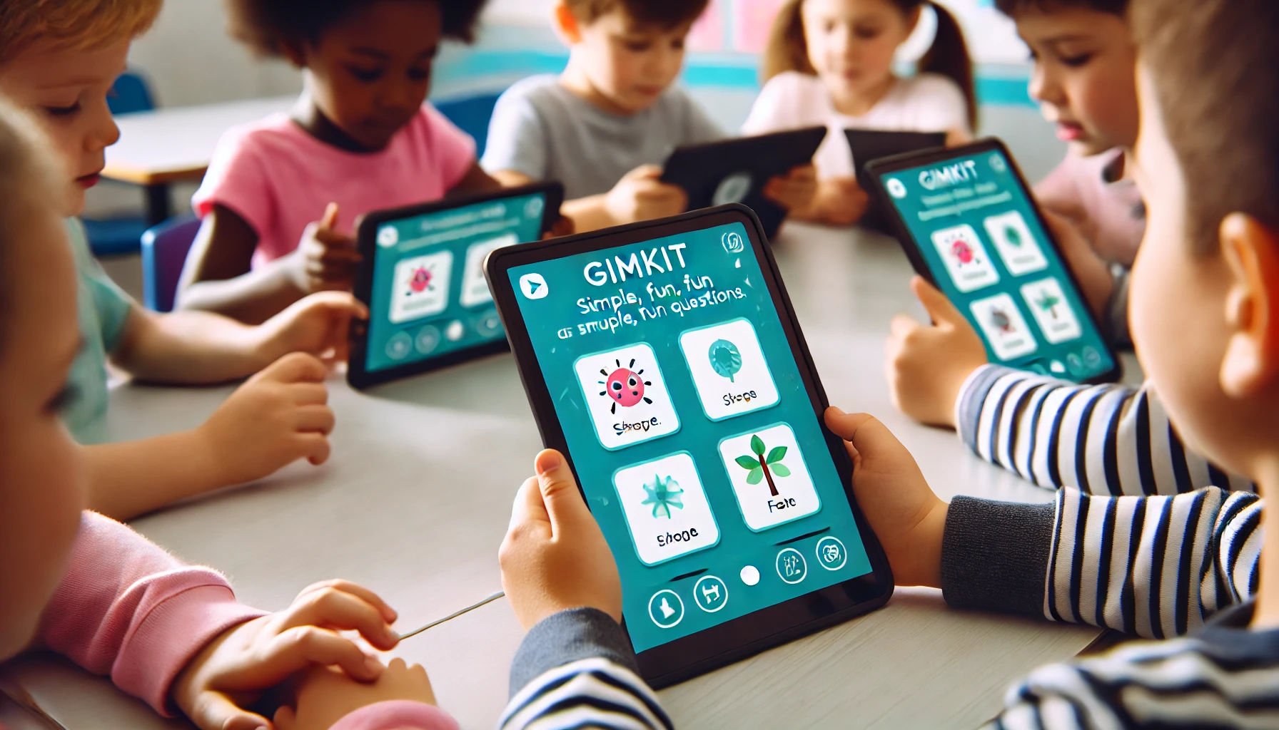 Elementary students playing a short, fun game on tablets during a classroom session with a focus on keeping engagement high.