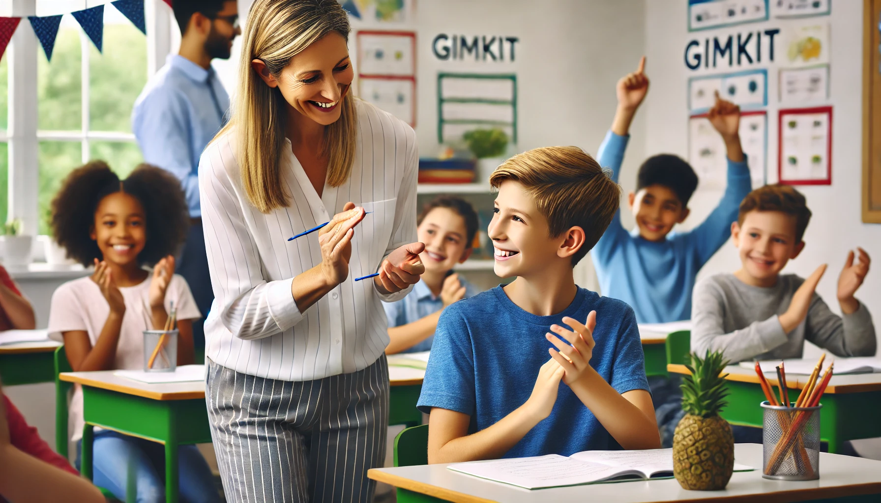 Teacher celebrating a student's correct answer in a Gimkit game, fostering a positive learning environment with praise.