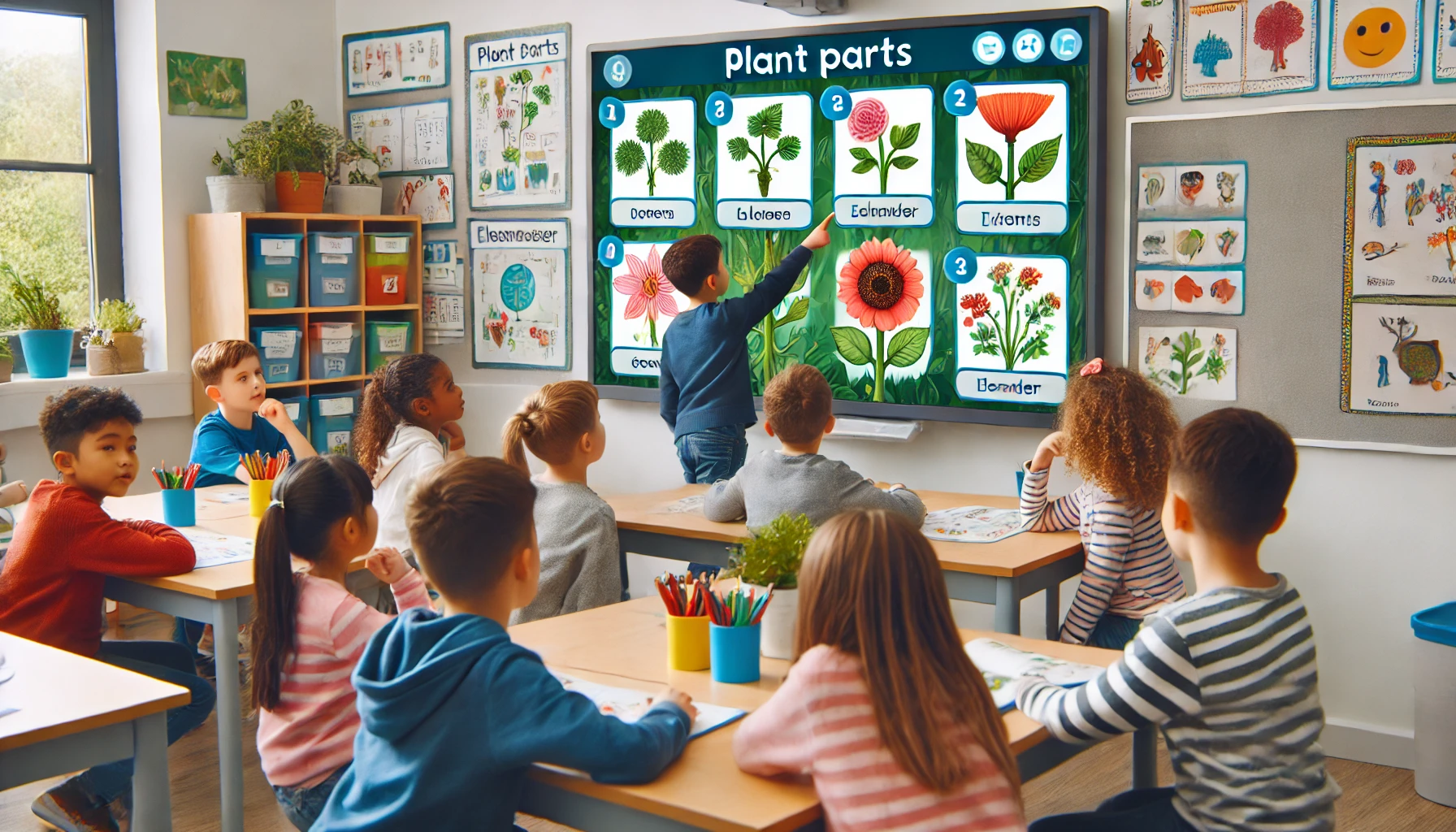 Students playing a themed Gimkit game about plant parts in a classroom, integrating learning with interactive technology.