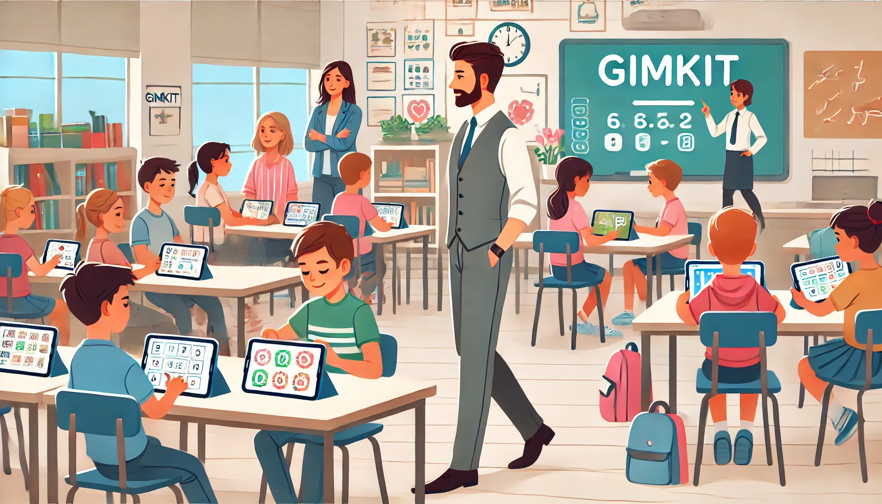 Elementary students working together in teams to answer questions in a collaborative Gimkit game in the classroom.