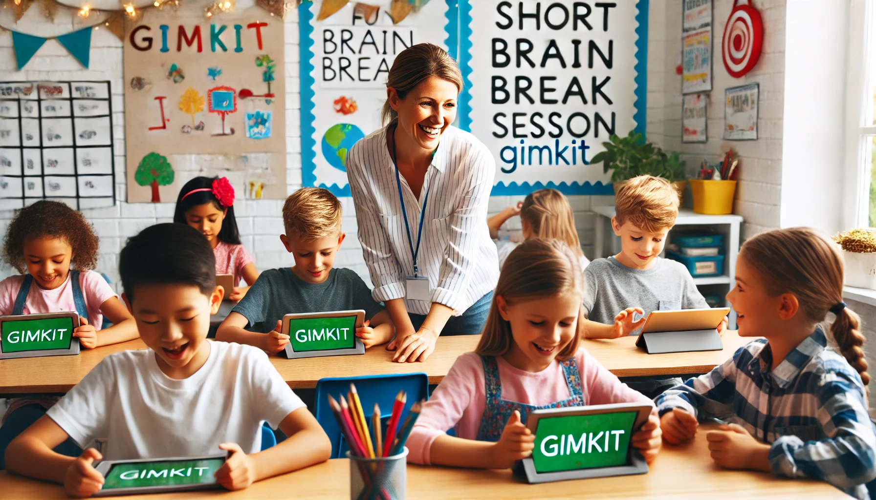Students enjoying a short Gimkit session as a brain break activity in an elementary school classroom.