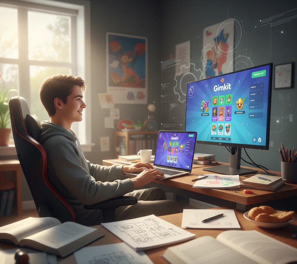 Close-up, high-quality, realistic photo of a focused high school or college student working intently on a laptop, designing or coding a fun, gamified educational app interface. The image symbolizes the competitive edge of youth-driven design.