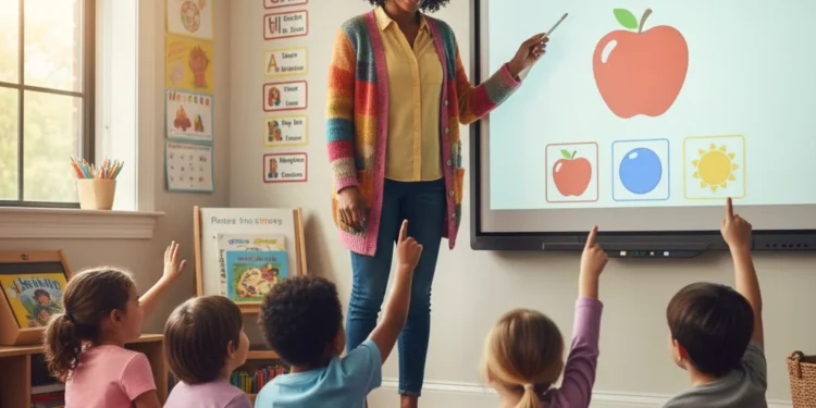 Warm, realistic image of a smiling preschool teacher guiding young diverse students with a colorful, visual Gimkit game projected on an interactive whiteboard, emphasizing adapted early childhood learning