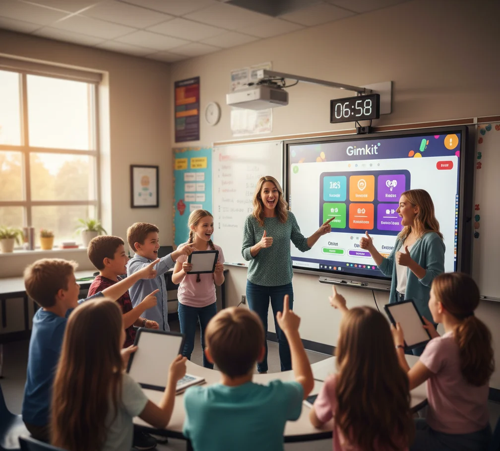 Realistic photo of highly focused middle school students looking at a projected clock or timer showing less than 7 minutes remaining on a game screen. The image emphasizes short, focused activity limits to maintain student attention span and maximize learning in a fun way