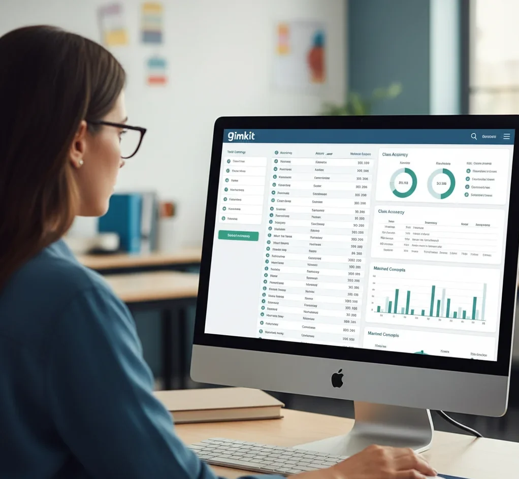 A realistic close-up shot of a teacher's computer screen showing a split-view or layered digital report. One side displays a Leaderboard with high 'money' scores, while the other side shows comprehensive student data with accuracy percentages and skill-level weakness indicators, emphasizing the need to analyze data beyond just the high scores.