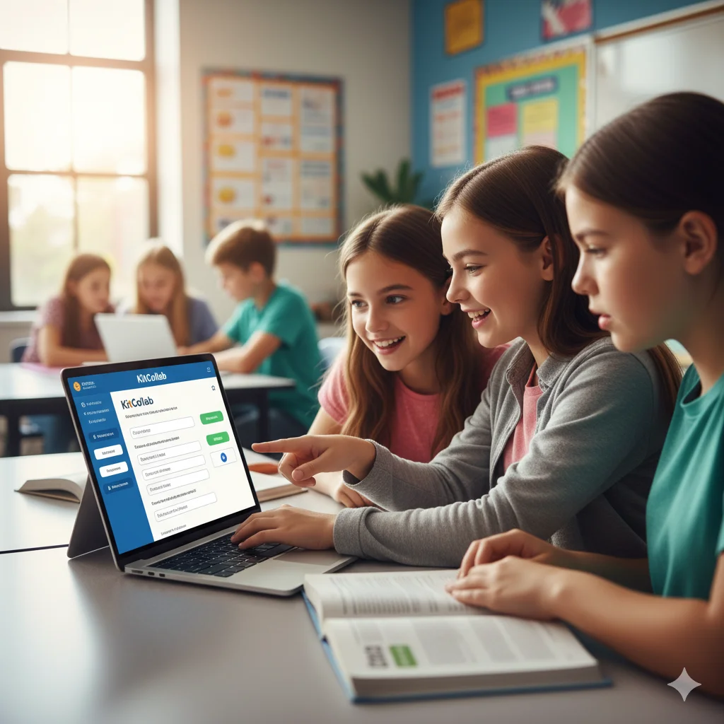 A close-up photograph of three diverse students grouped around a single tablet or laptop in a classroom, actively brainstorming and typing a question into a digital quiz creation tool (like KitCollab). The image highlights collaboration, student ownership, and critical content analysis.