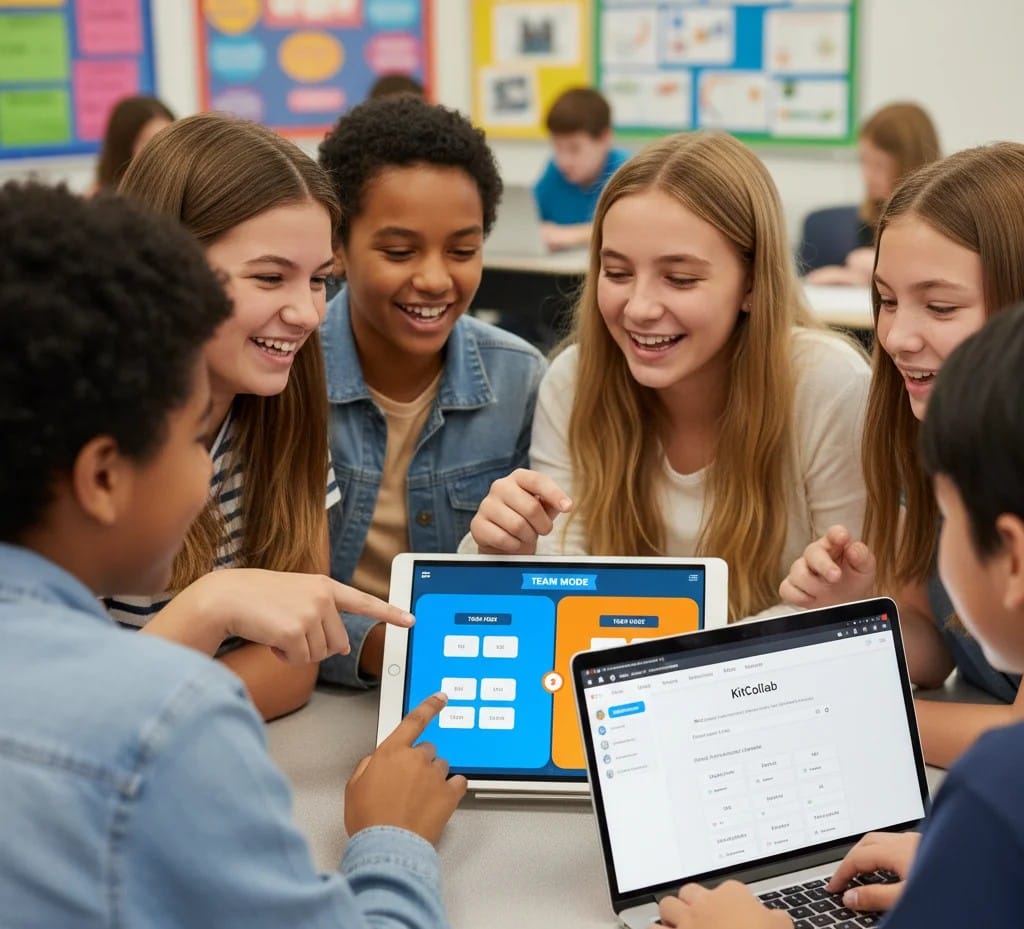 Realistic photo of a middle school student smiling while looking at a tablet or computer screen displaying a game with a visible "Correct!" notification and colorful gamified graphics. The image highlights the value of immediate, non-judgmental feedback for formative assessment.