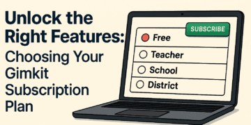 Illustrated laptop screen displaying Gimkit subscription options with a large green "Subscribe" button, symbolizing the decision process for choosing the best Gimkit plan