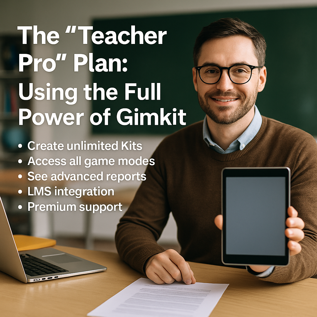 A confident teacher holding a tablet, with overlay text explaining Gimkit's Teacher Pro plan features including unlimited Kits, LMS integration, and advanced reports.