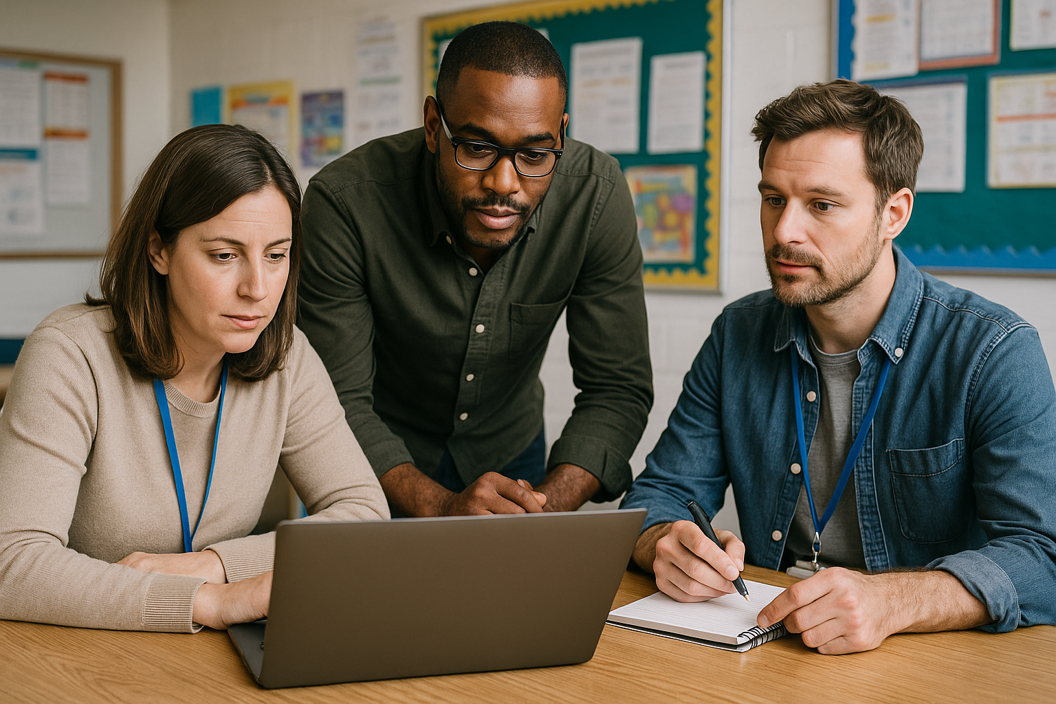 Three teachers collaborating on a school-wide digital education plan using a laptop in a classroom setting