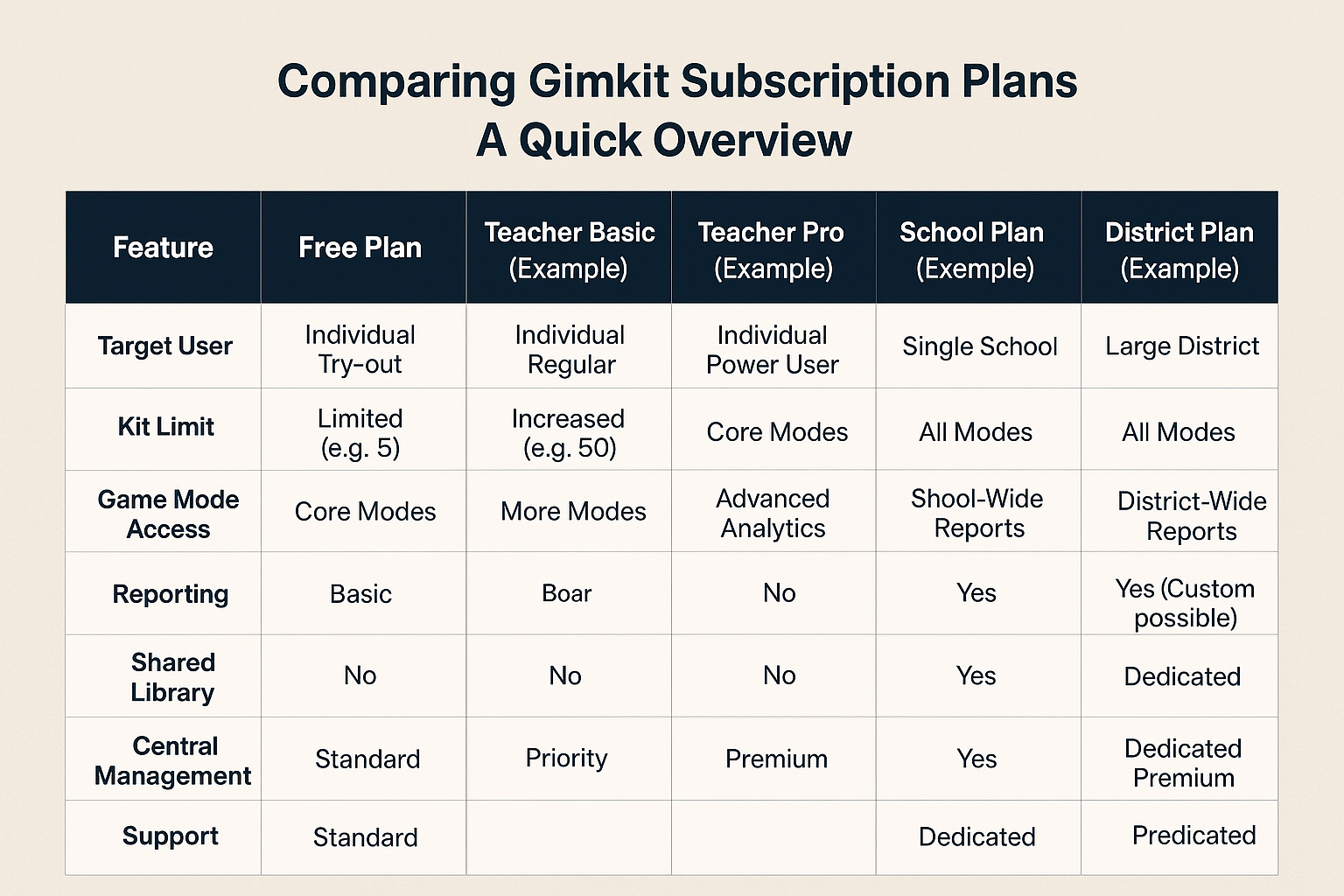 Side-by-side digital table comparing Gimkit Free, Basic, Pro, School, and District plans with features and user types