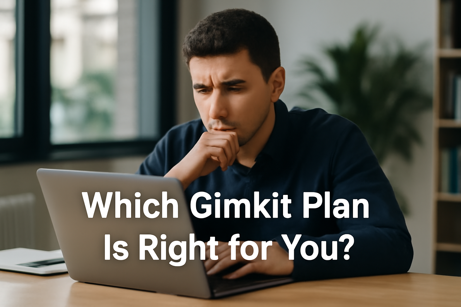 A young educator deeply analyzing Gimkit subscription plans on a laptop in a modern workspace, representing thoughtful decision-making.
